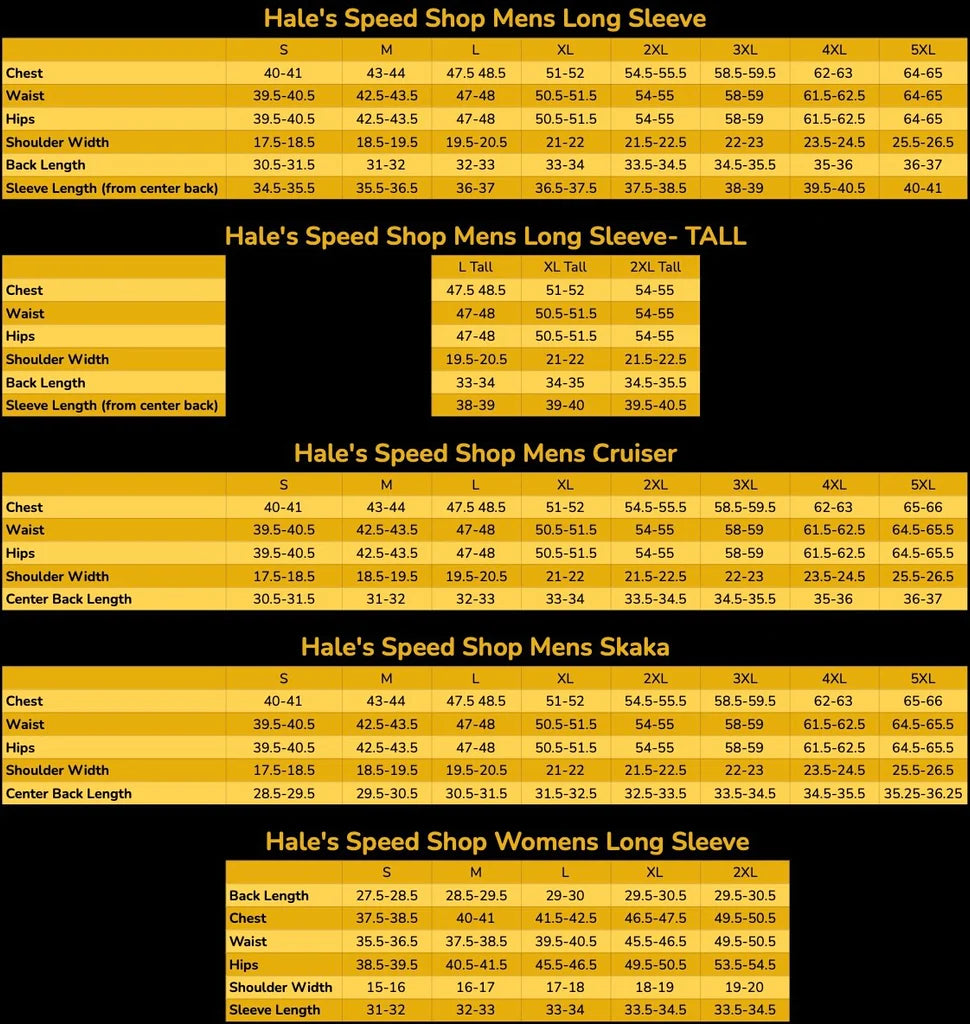 size guide chart by hales speed shop