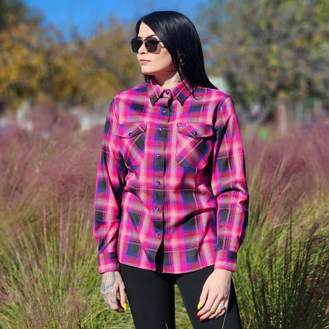 women wearing a fuscia pink flannel shirt from hales speed shop