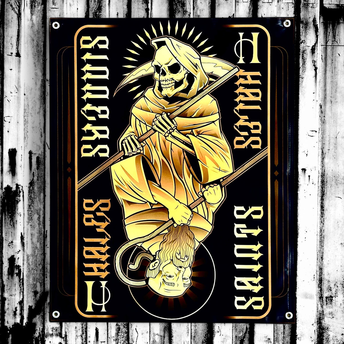 Saints & Sinners Vinyl Garage Banner - 36" X 29"