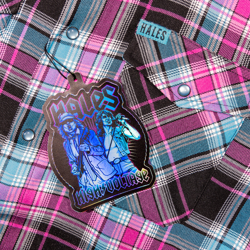 Hales brand tag on a plaid shirt with colorful design
